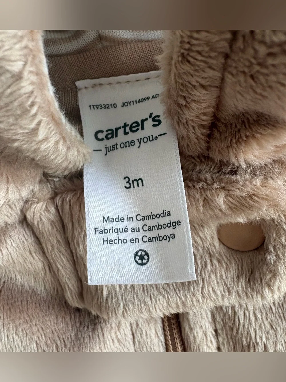 Carter's Just One You Beige Fleece Bear Hooded Full Zip Snowsuit 3 Months